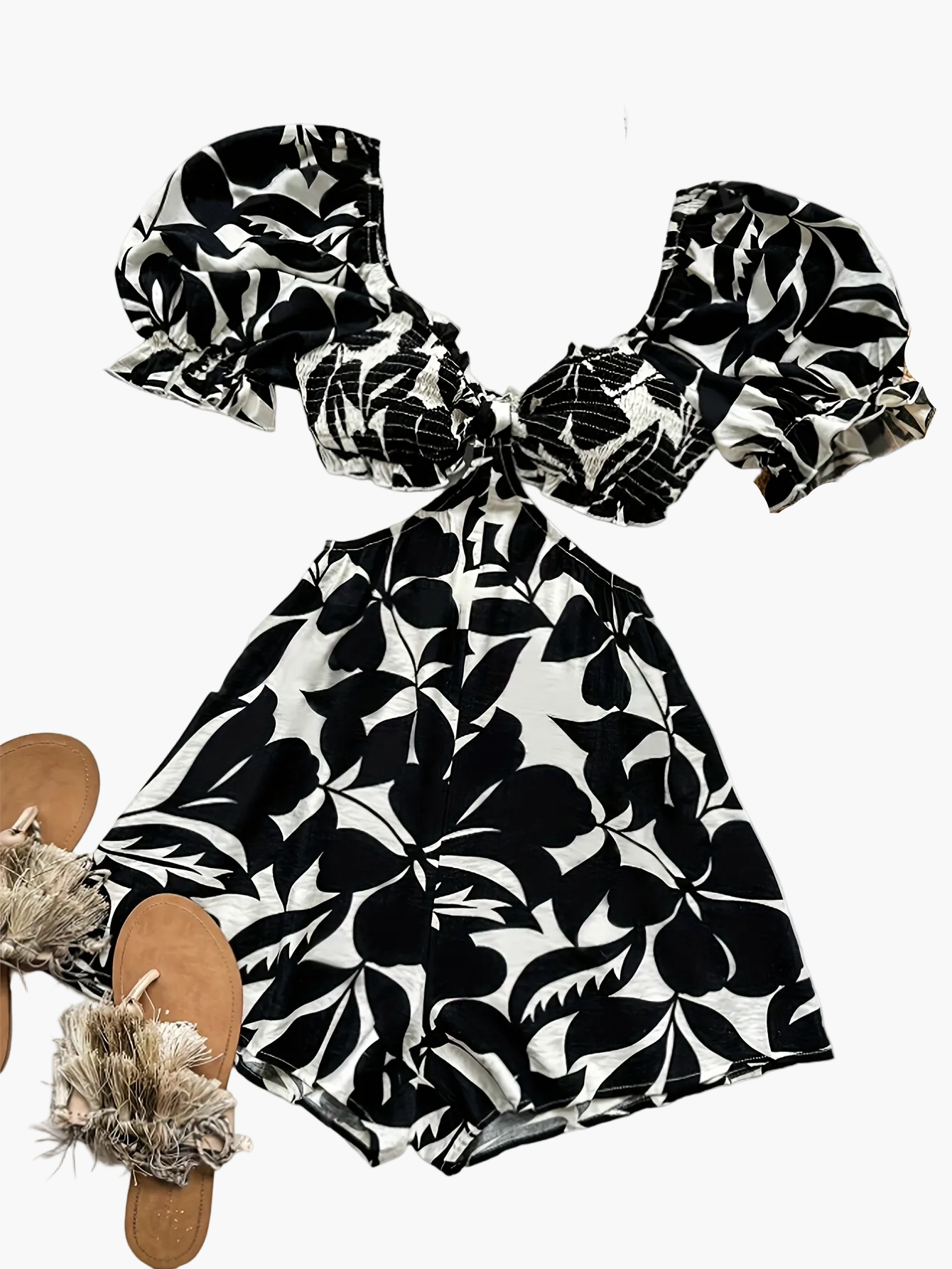 Damen Sommer Jumpsuit mit Puffärmeln und tropischem Blattmuster – Perfekt für Strand und Urlaub