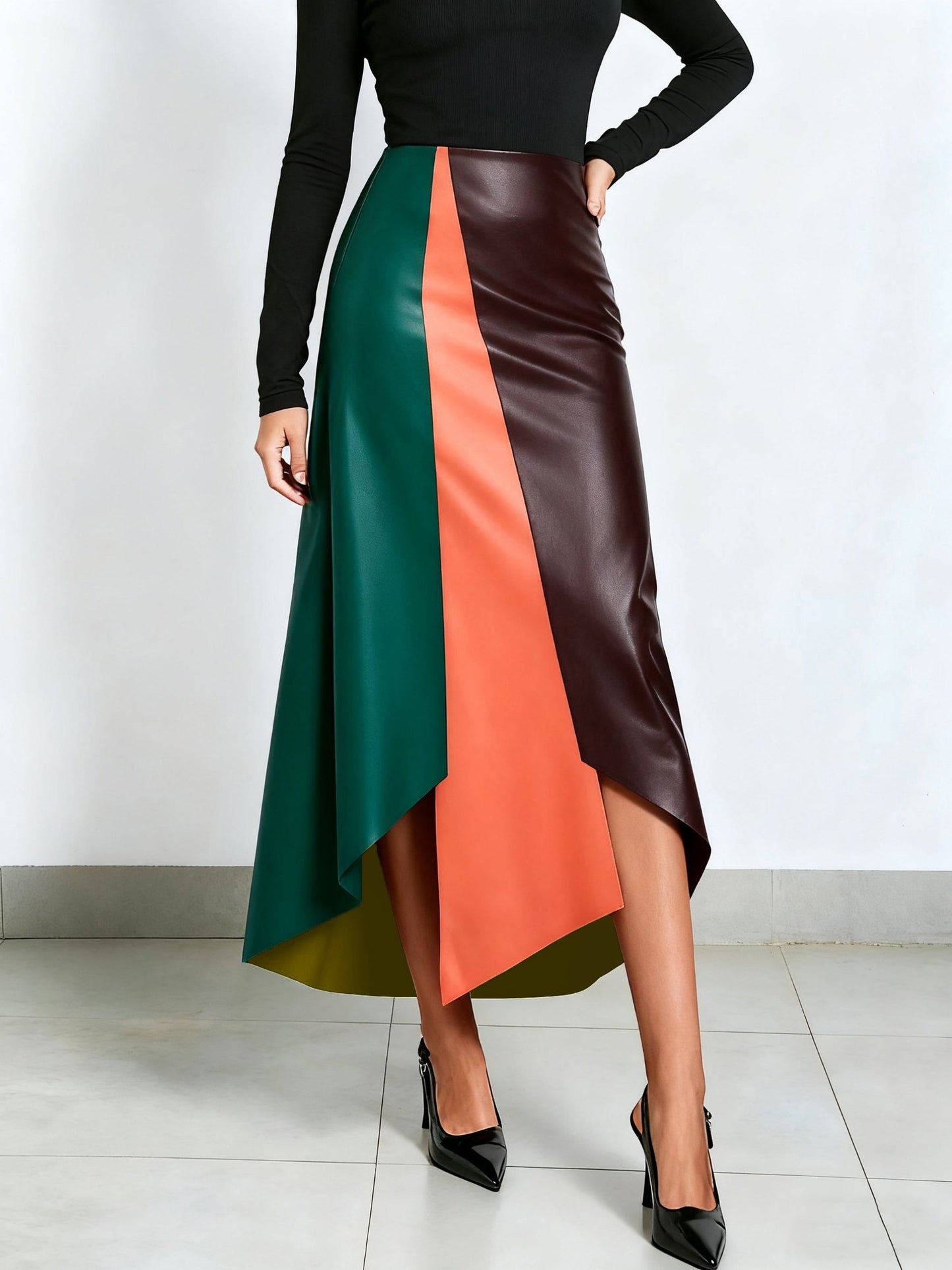 Color-block midi skirt with an asymmetrical faux-leather hem