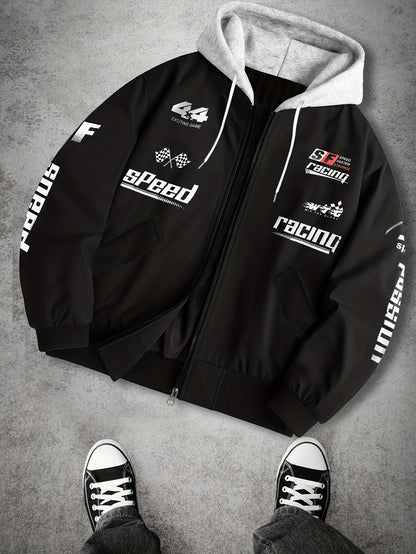 Men's hooded bomber jacket with racing print, zip-up windbreaker