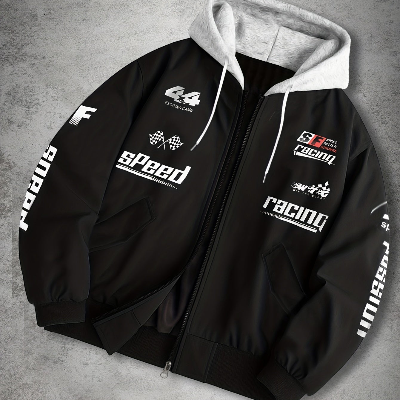 Men's hooded bomber jacket with racing print, zip-up windbreaker