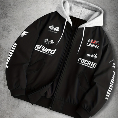 Men's hooded bomber jacket with racing print, zip-up windbreaker