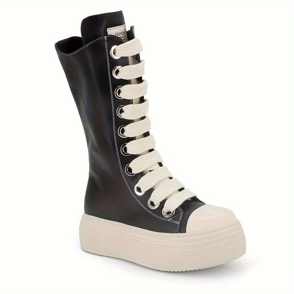 Platform High-Top Boots Black White with Lacing