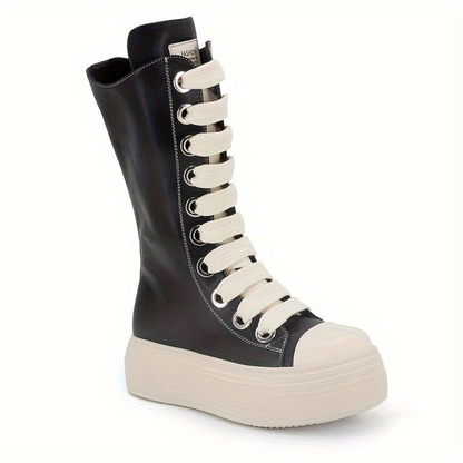 Platform High-Top Boots Black White with Lacing