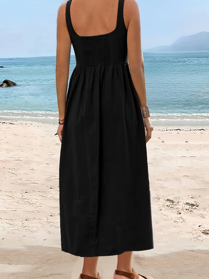 Women's Fit & Flare Midi Dress with Wide Skirt and Square Neck – Perfect for Vacation and Everyday Wear