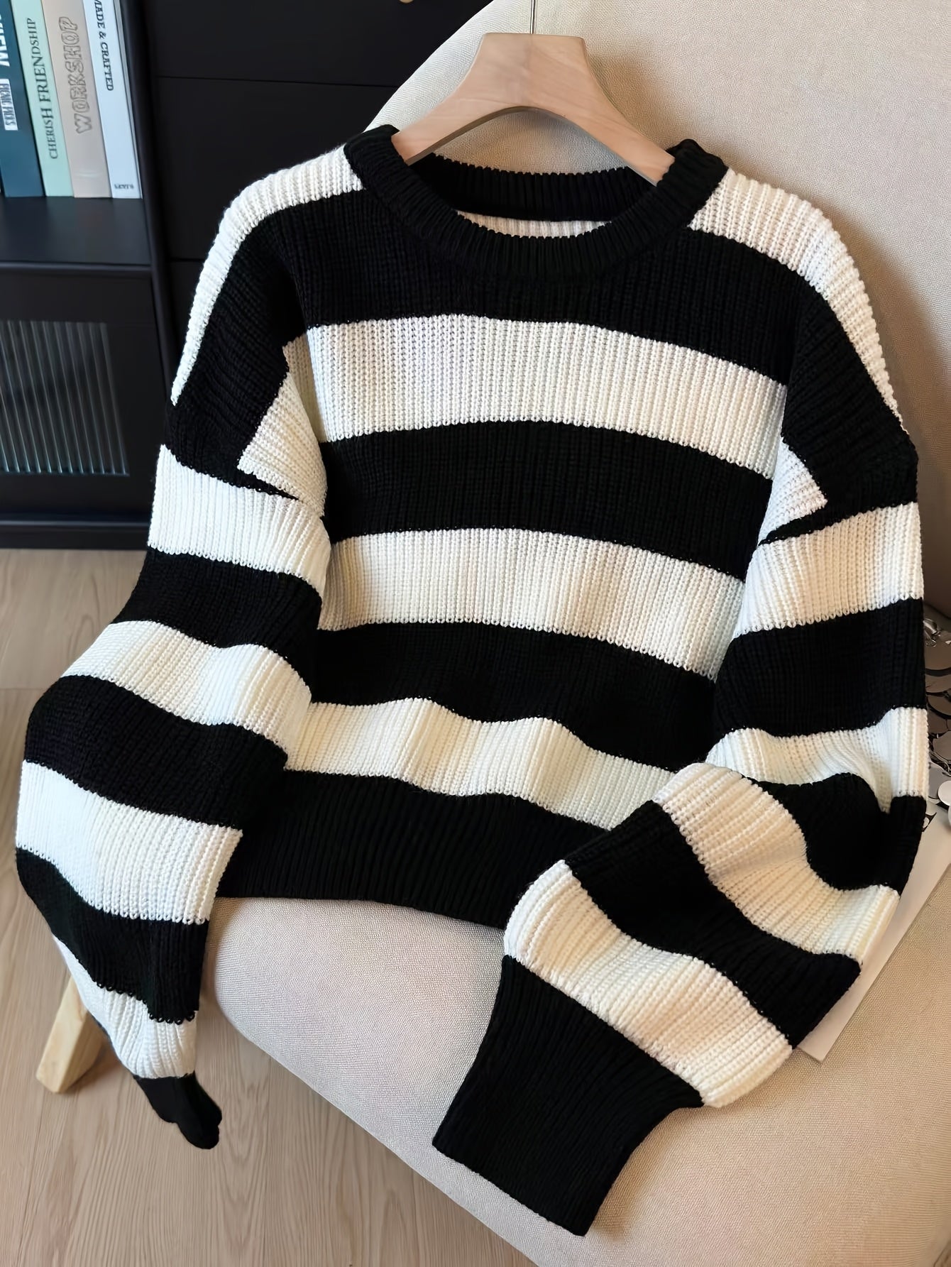 Women's knitted sweater, black and white striped, crew neck, loose fit