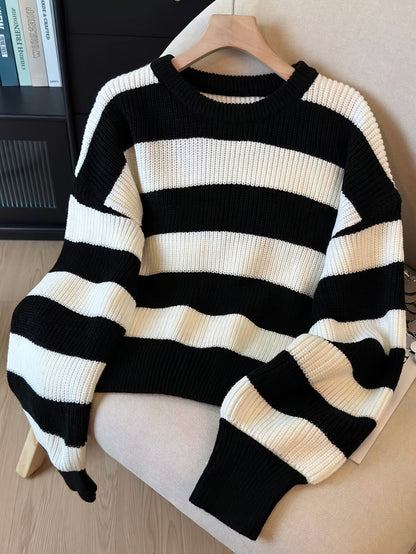 Women's knitted sweater, black and white striped, crew neck, loose fit