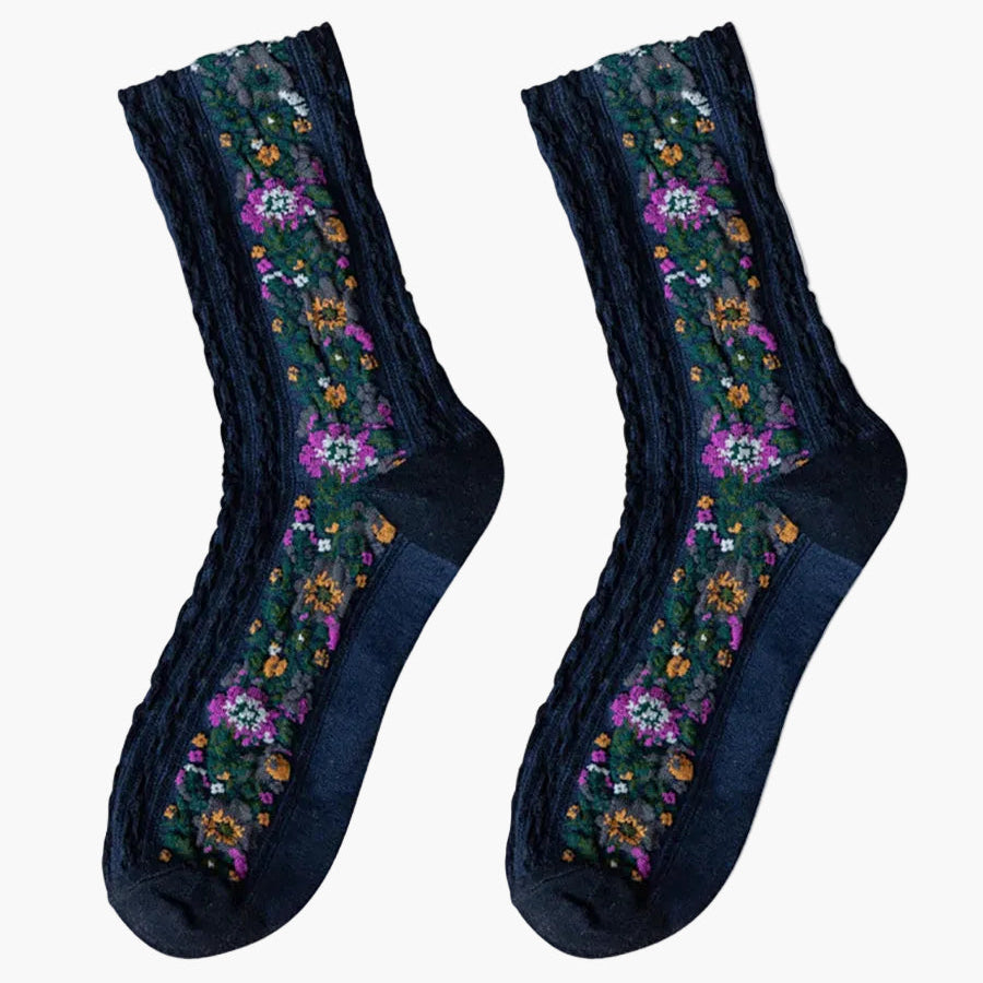 Women's Vintage Socks with Floral Embroidery – Elegant Jacquard Socks in Retro Style, Pack of 5
