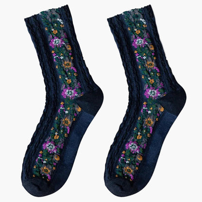 Women's Vintage Socks with Floral Embroidery – Elegant Jacquard Socks in Retro Style, Pack of 5