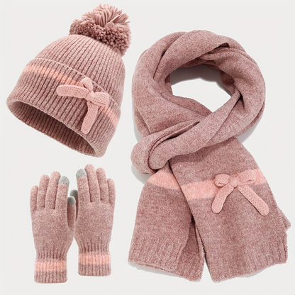 Winterset 3-teilig mit Mütze, Schal und Handschuhen, gestrickt mit Schleifchen-Detail