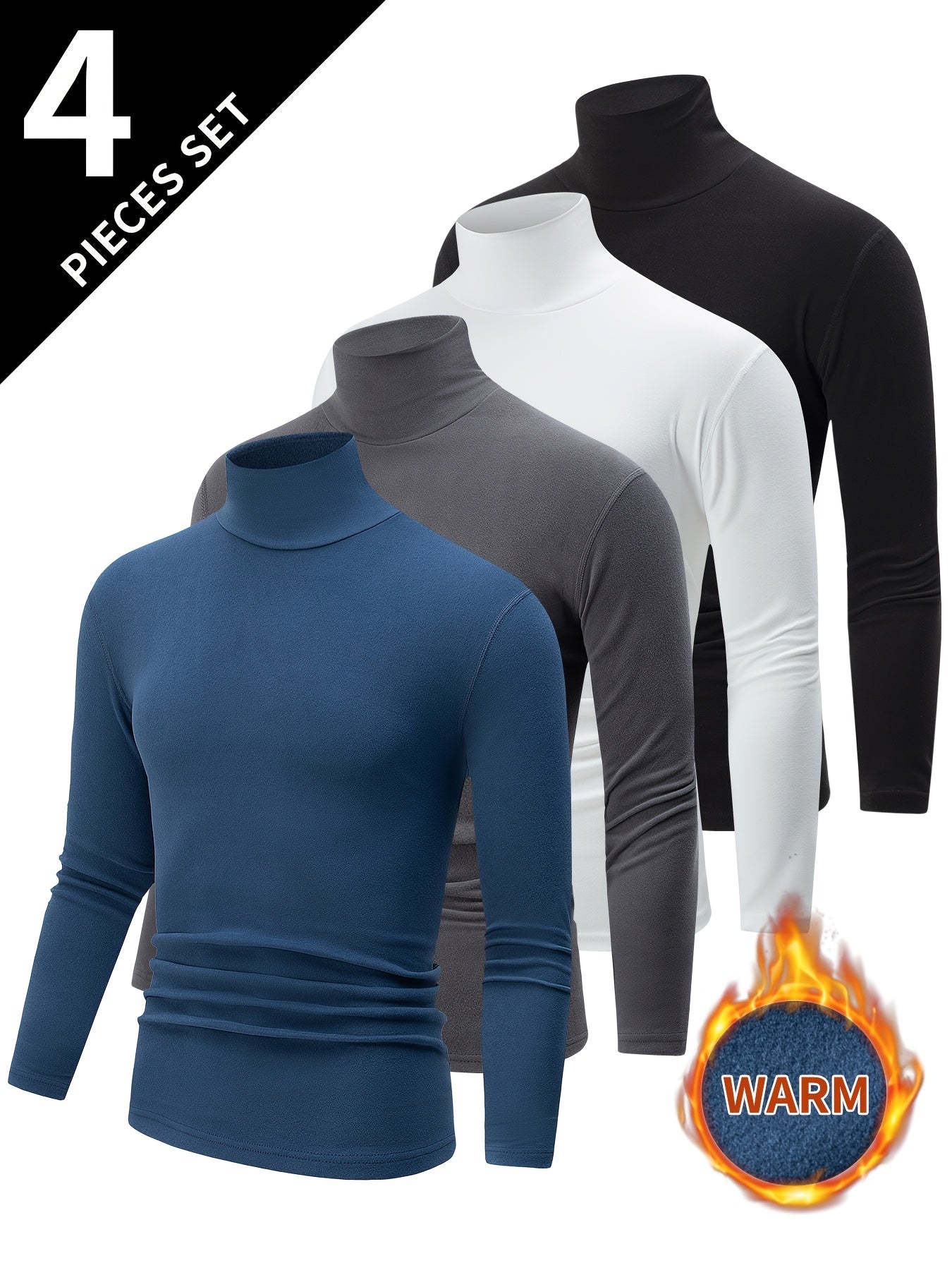 Herren Rollkragenpullover Langarm Slim Fit Basic Top im 4er-Set - Schwarz, Weiß, Grau, Hellblau