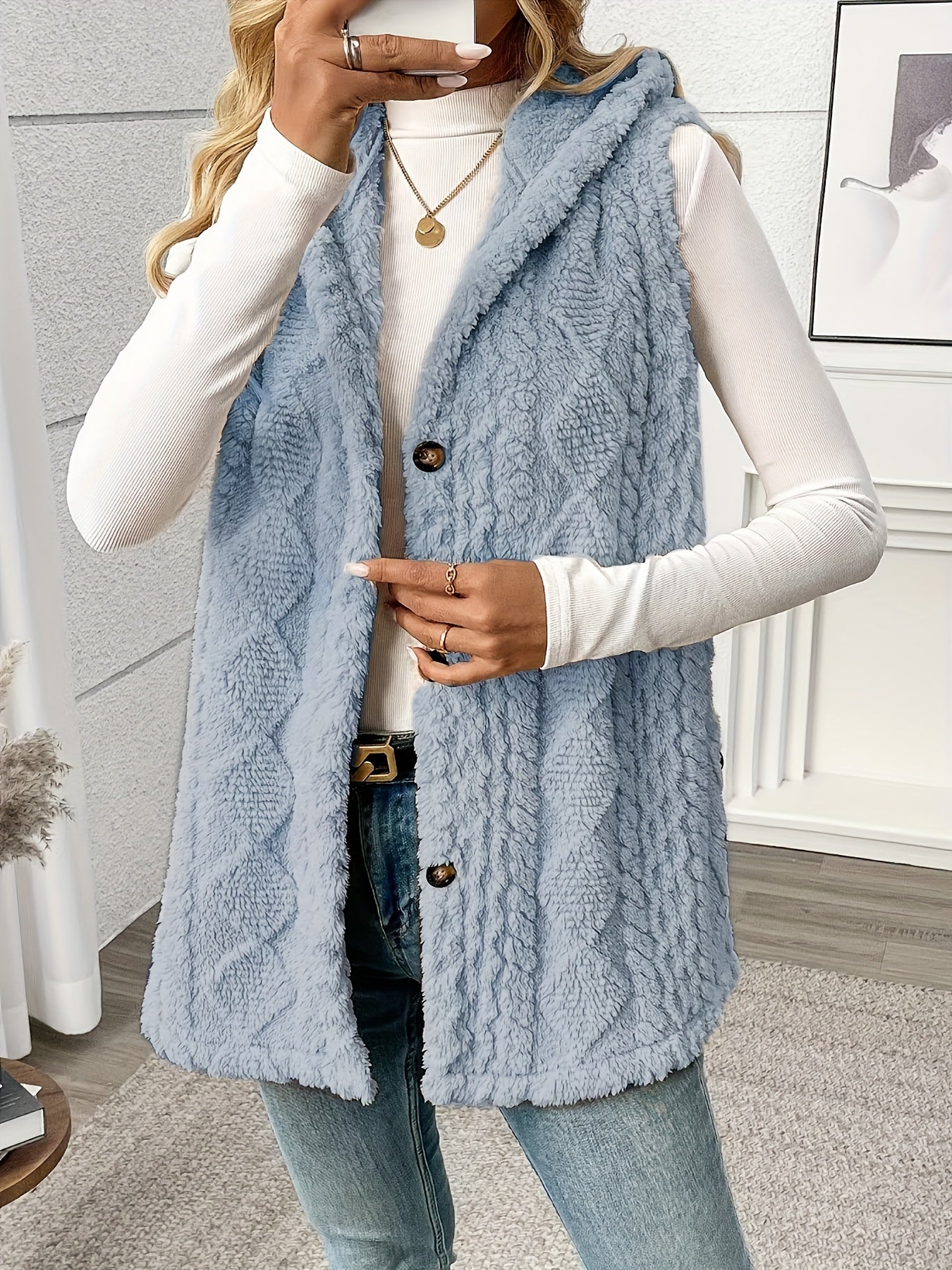 Women's knitted vest with hood and buttons – Elegant casual vest for autumn and winter