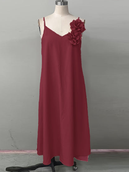 Women's Elegant Maxi Dress with V-Neck and Floral Applique – Perfect for Summer Parties and Garden Gatherings