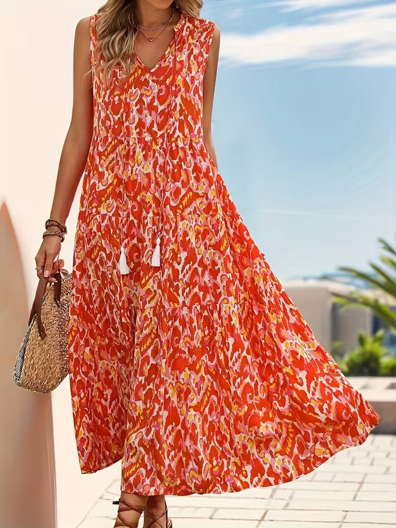 Women's Summer Dress Elegant Sleeveless with Allover Print and Tassels for Leisure and Vacation