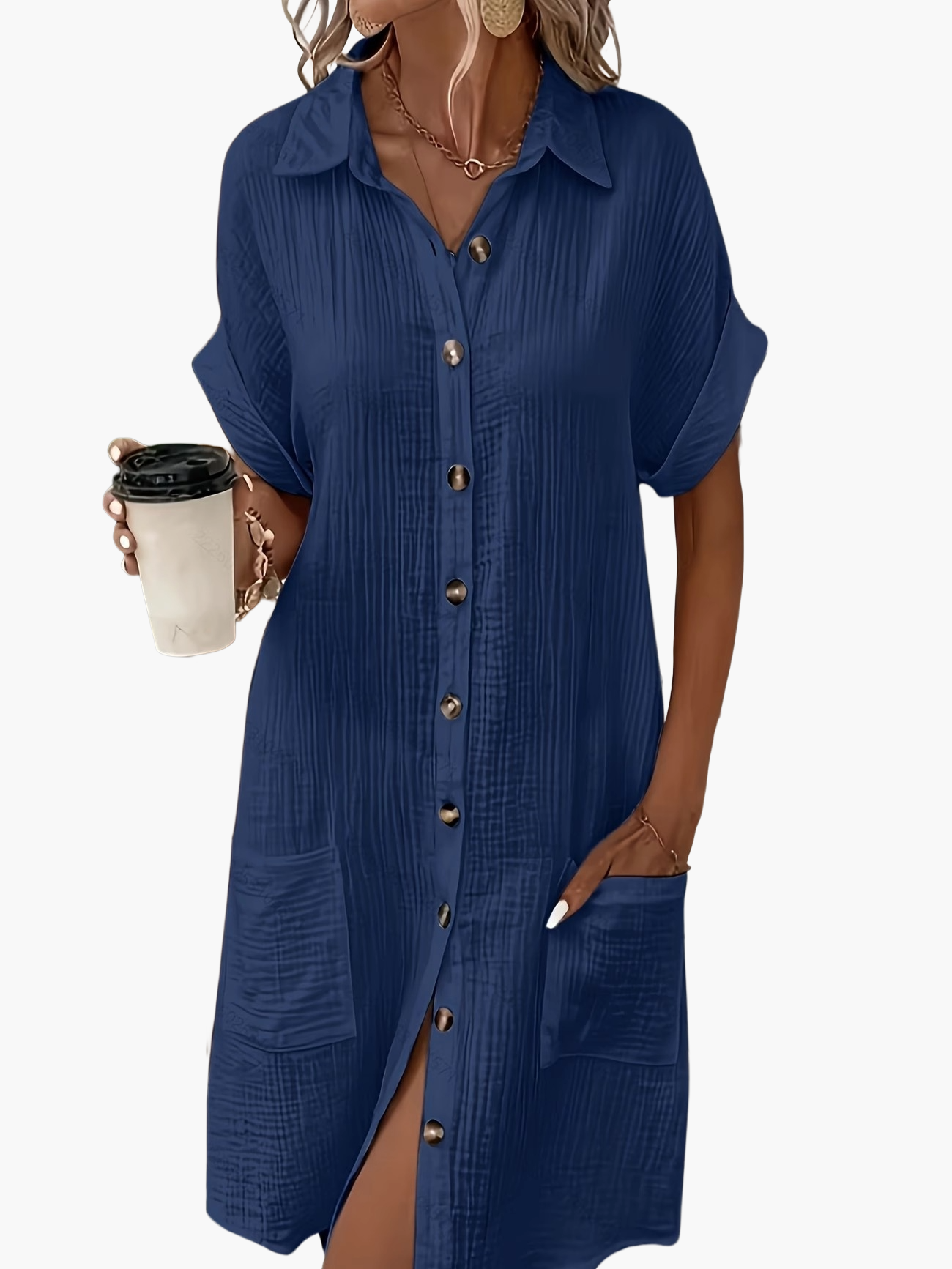 Women's Casual Shirt Dress with Button Placket and Pockets – Relaxed Summer Style