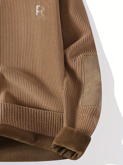Unisex Langarm Pullover mit Ellbogen-Patches, Rundhalsausschnitt, gerippter Saum