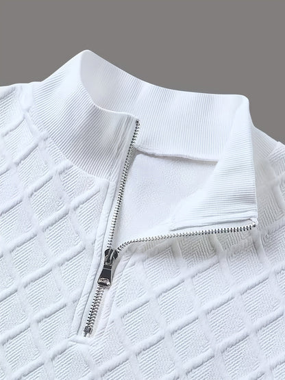 Herren Halb-Reißverschluss Pullover mit Rautenmuster, Weiß