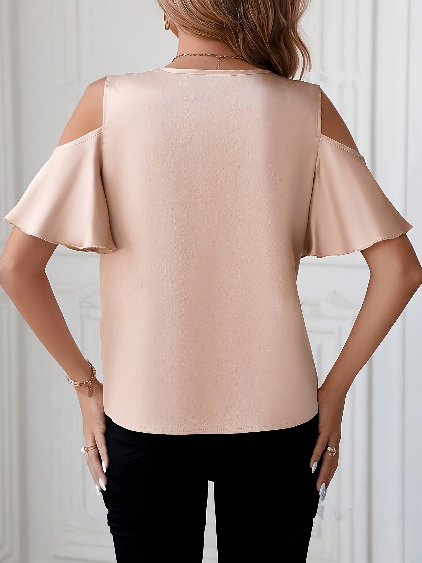 Women's cold-shoulder blouse with lace trim and flounce sleeves – elegant feminine look for office & leisure