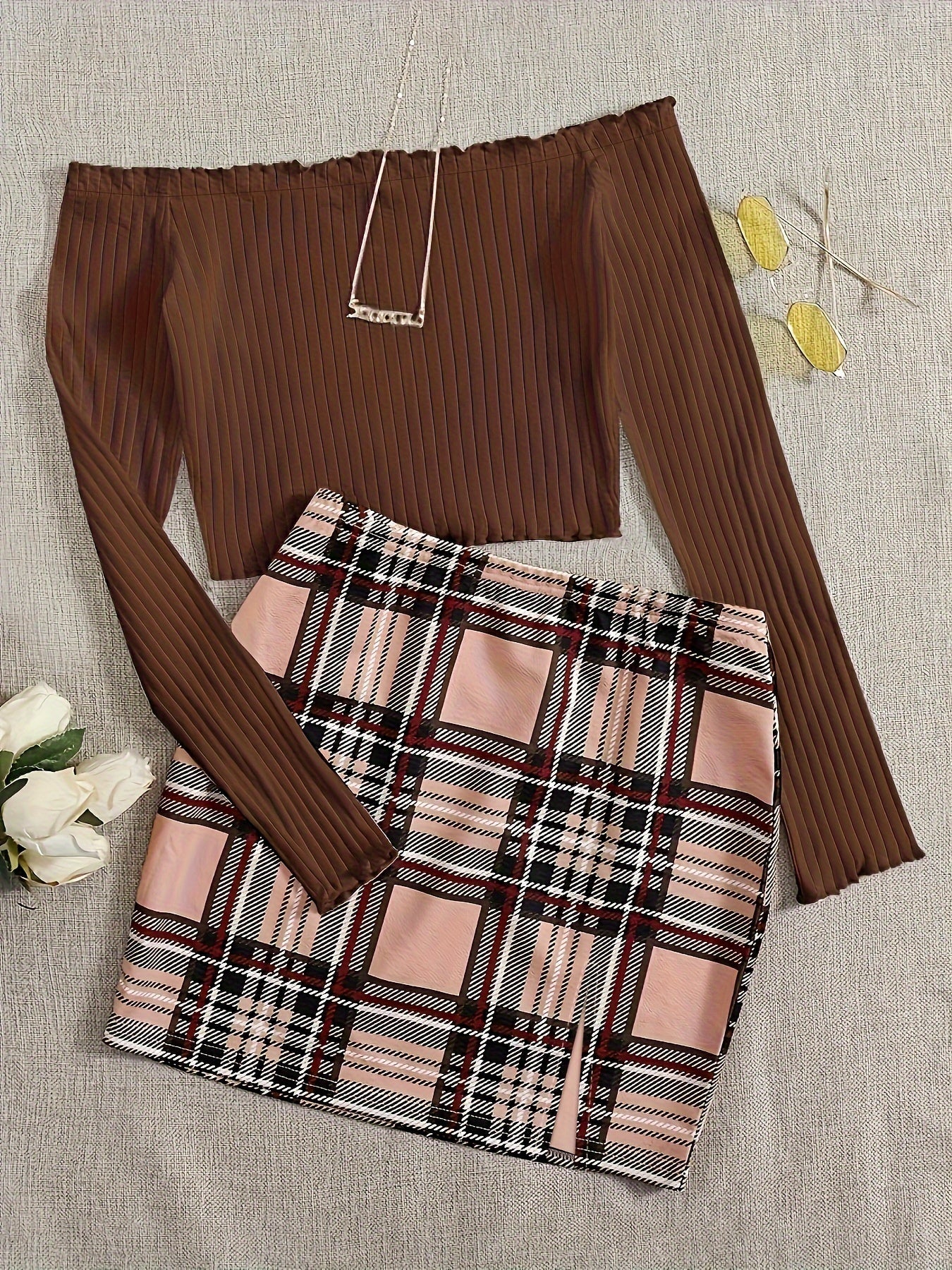 Women's Set Elegant Off-Shoulder Top and Plaid Mini Skirt – Perfect for Spring & Summer