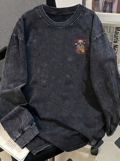 Unisex sweatshirt with bear print, oversized, washed black