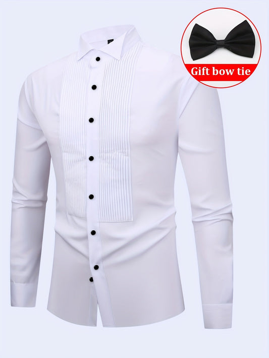 Men's white tuxedo shirt with a ruffled placket and long sleeves