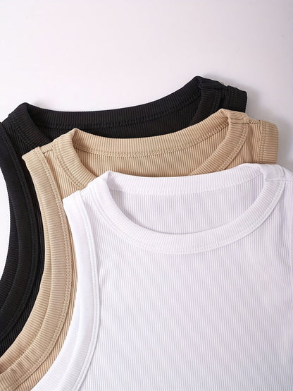 Damen Sportliche Basic Tanktops 3er Pack – Ärmellos, Rundhals, Sommer Freizeit
