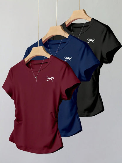 Women's Basic T-Shirt with Bow Embroidery and Ruching – Everyday & Casual