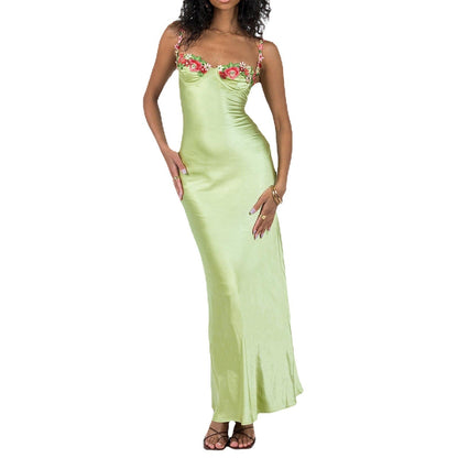 Women's Elegant Maxi Dress with Embroidery – Satin Slip Dress for Festive Occasions and Parties