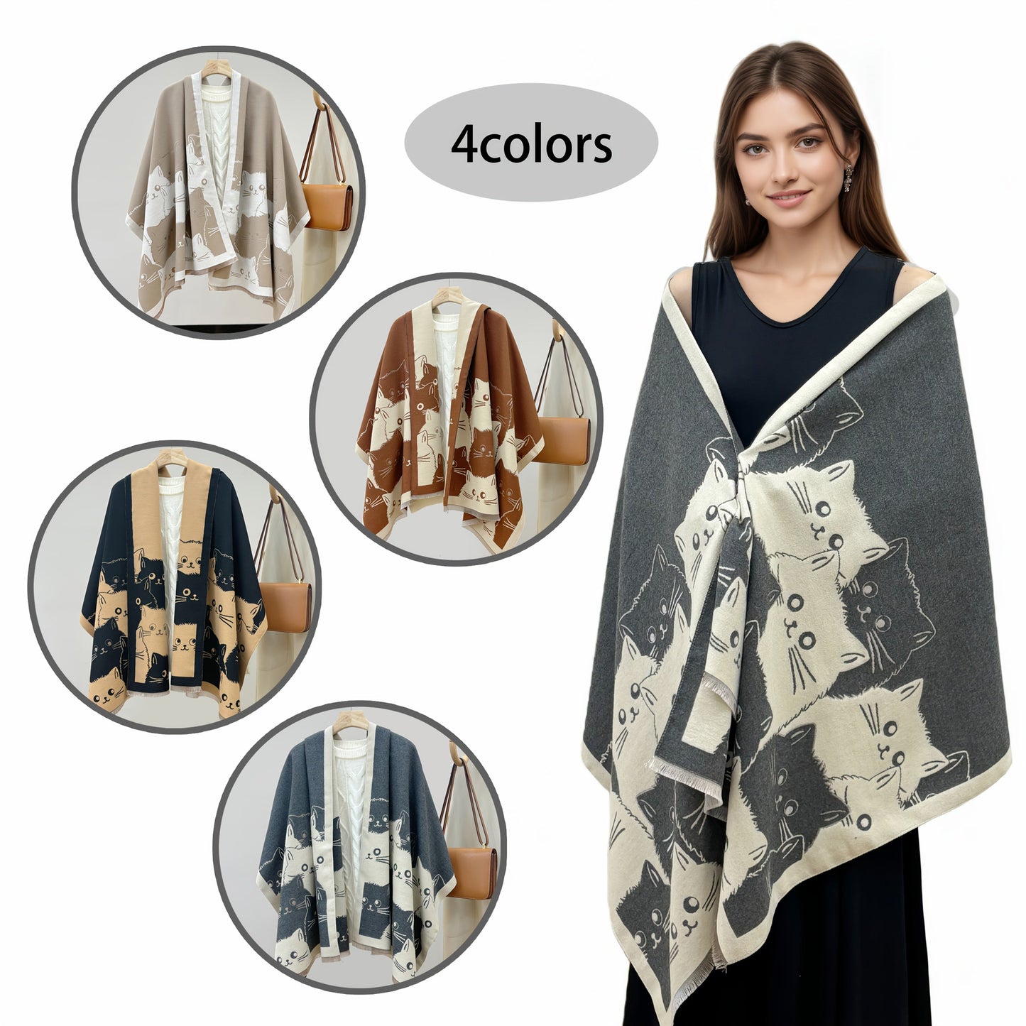 Women's poncho with cat pattern, fringe, and soft fabric