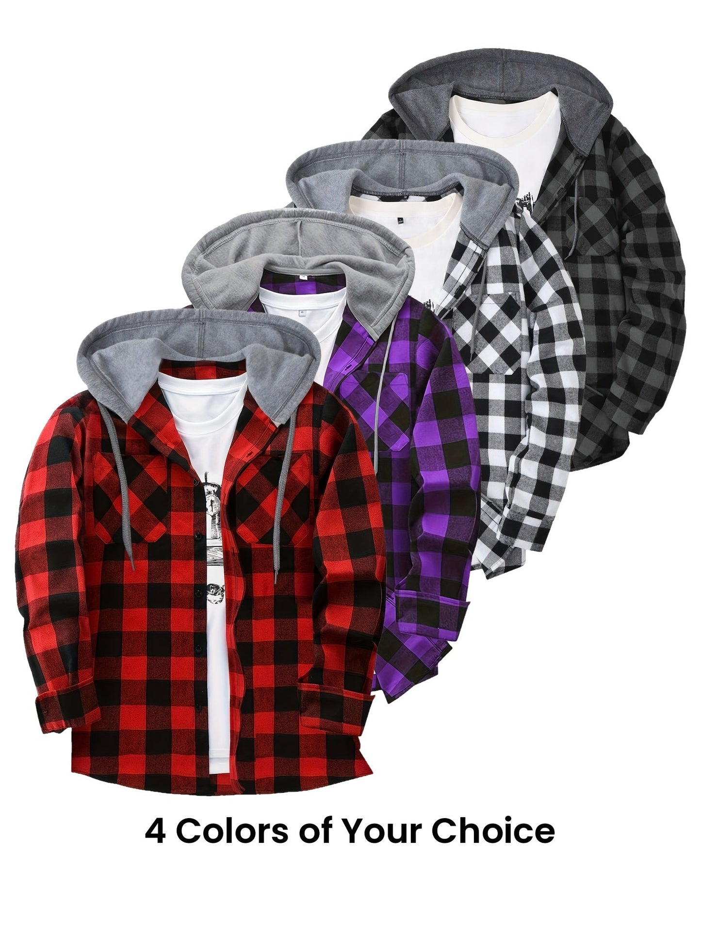 Men’s plaid hooded shirt with button placket