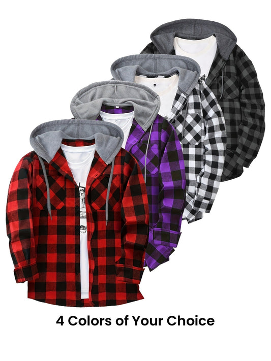 Men’s plaid hooded shirt with button placket