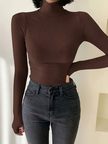 Damen Rollkragenshirt Langarm mit Daumenlöchern – Eng Anliegend