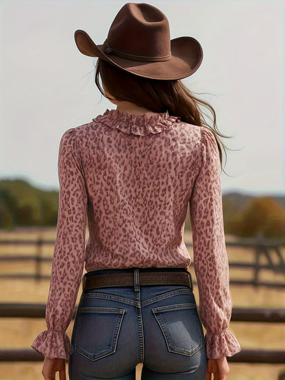 Women's blouse with leopard print and ruffled collar – elegant V-neck, perfect for casual wear and special occasions