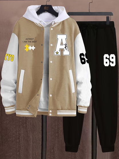 Unisex college jacket and joggers set, two-piece baseball look with print