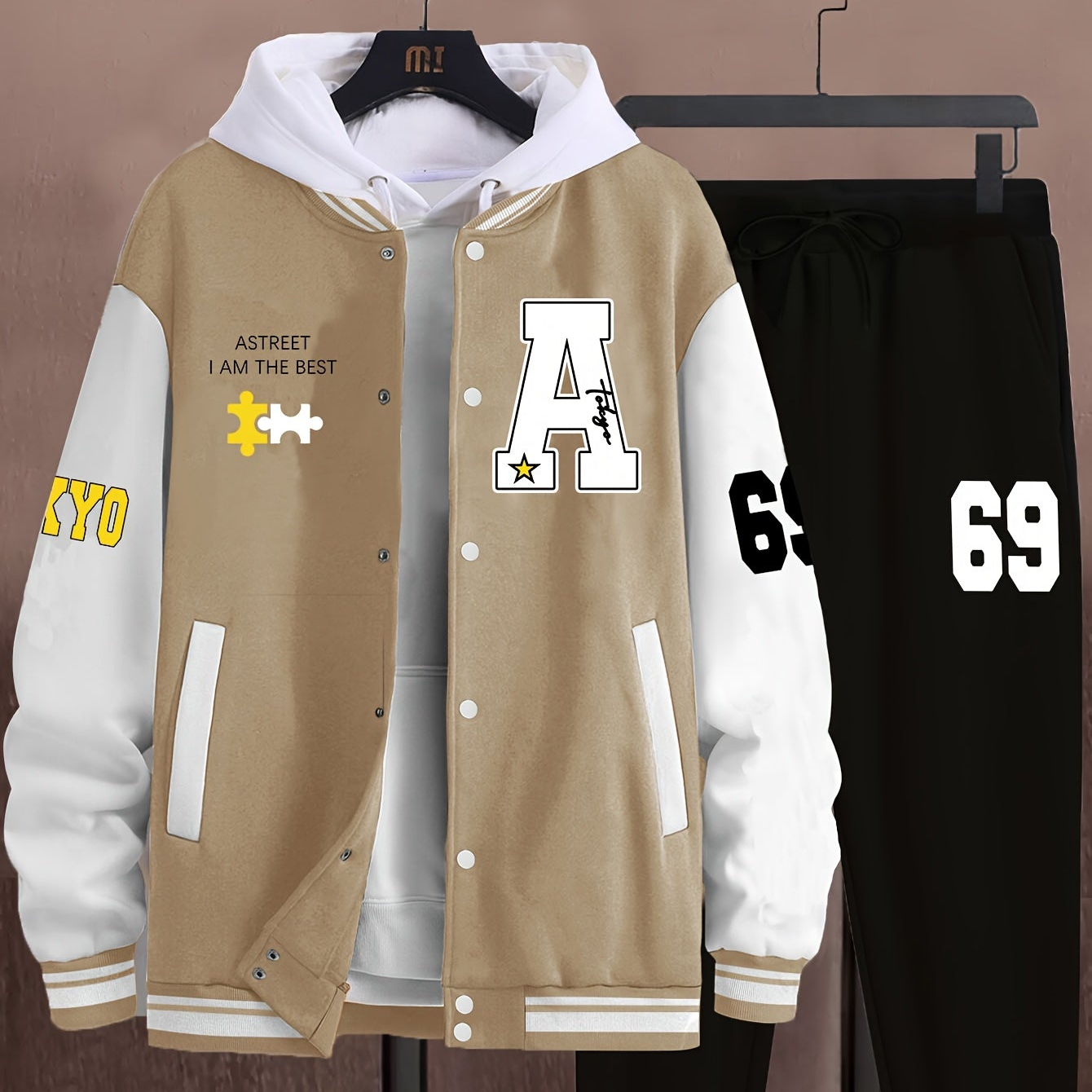 Unisex college jacket and joggers set, two-piece baseball look with print