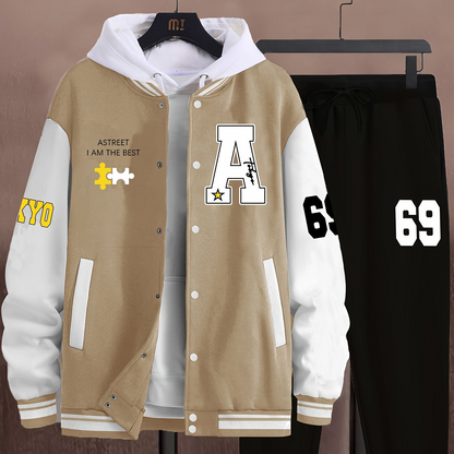 Unisex college jacket and joggers set, two-piece baseball look with print
