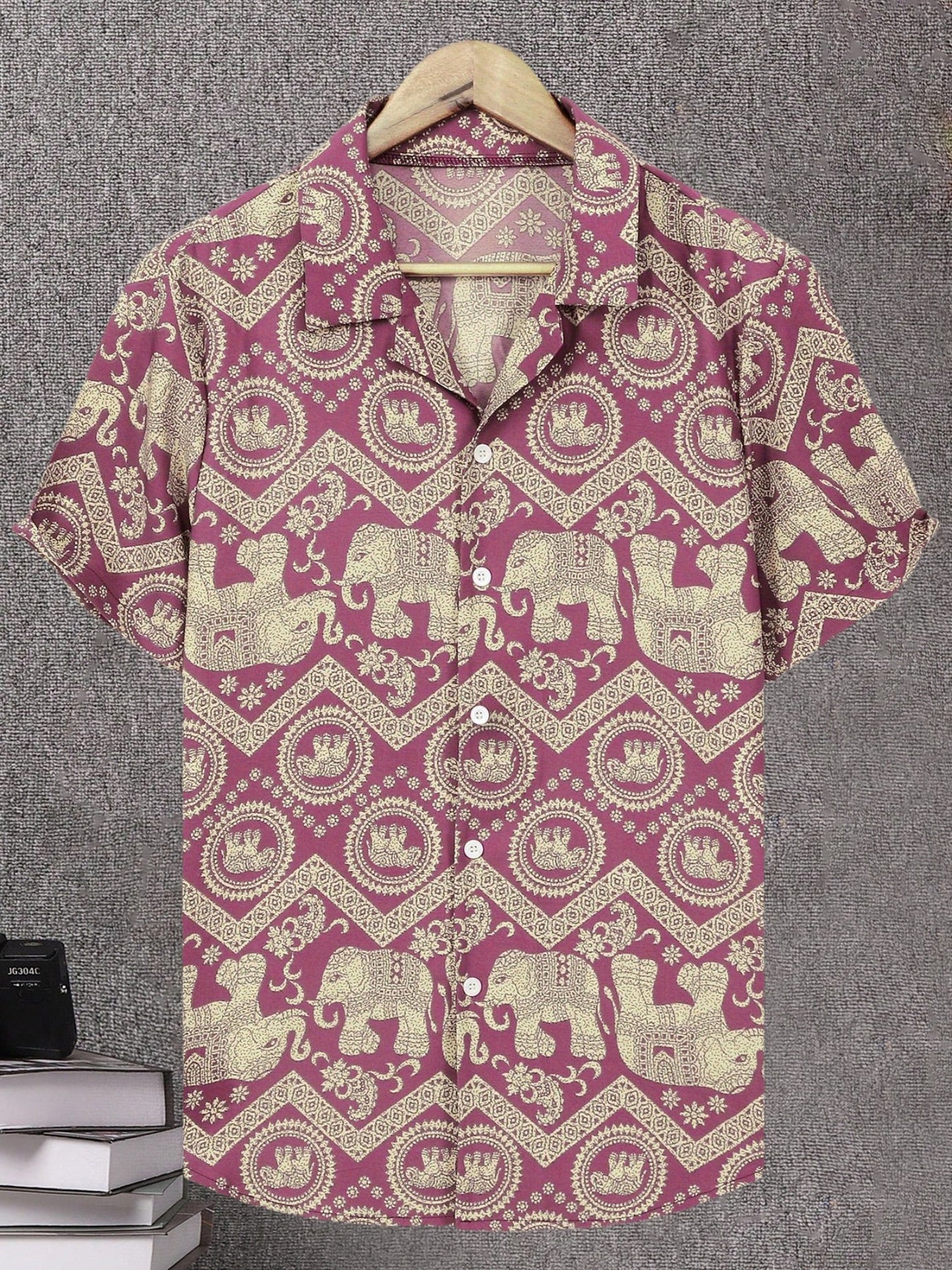 Men's Resort Shirt with Elephant and Mandala Print, Short Sleeve, Casual and Summer Style