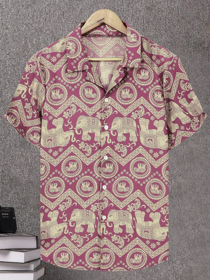 Men's Resort Shirt with Elephant and Mandala Print, Short Sleeve, Casual and Summer Style