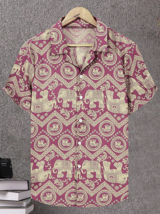 Men's Resort Shirt with Elephant and Mandala Print, Short Sleeve, Casual and Summer Style