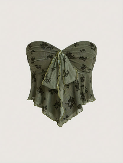 Women's Bandeau Top with Tie Knot and Floral Pattern – Elegant Summer Top for Going Out and Leisure