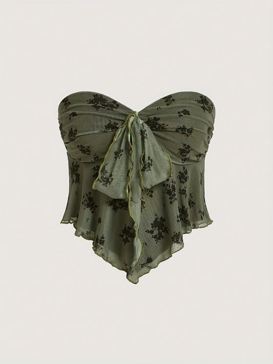 Women's Bandeau Top with Tie Knot and Floral Pattern – Elegant Summer Top for Going Out and Leisure