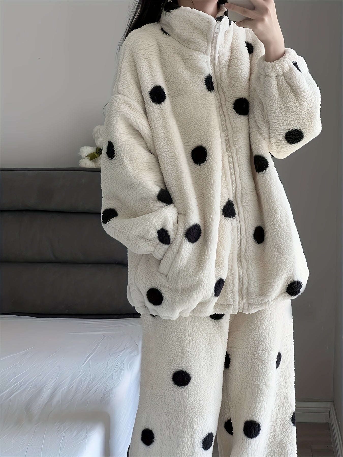 Women's Loungewear Set Plush Polka Dots Zipper Stand Collar Pajamas