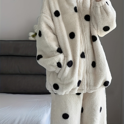 Women's Loungewear Set Plush Polka Dots Zipper Stand Collar Pajamas