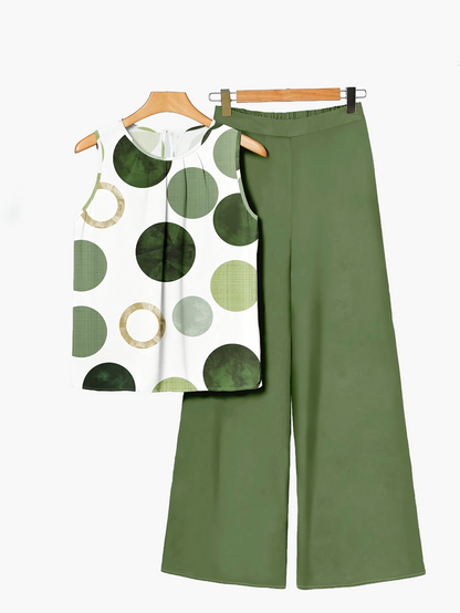 Women's Elegant Two-Piece Set – Sleeveless Top and Wide Palm Print Pants for Summer and Leisure