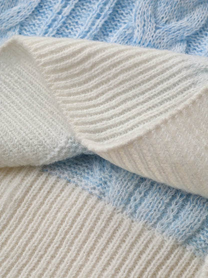 Damen Grobstrick Pullover Hellblau Weiß Zopfmuster Rundhals Weich