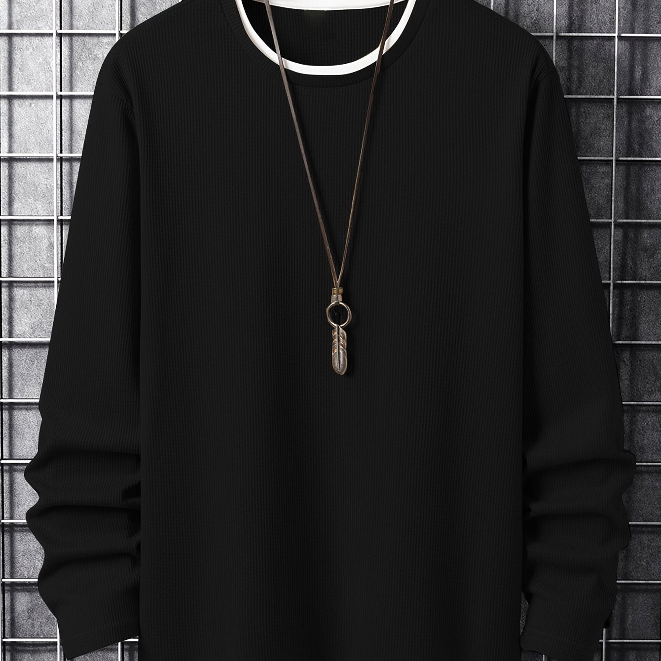 Herren Langarmshirt Waffelstrick Rundhals Weiß