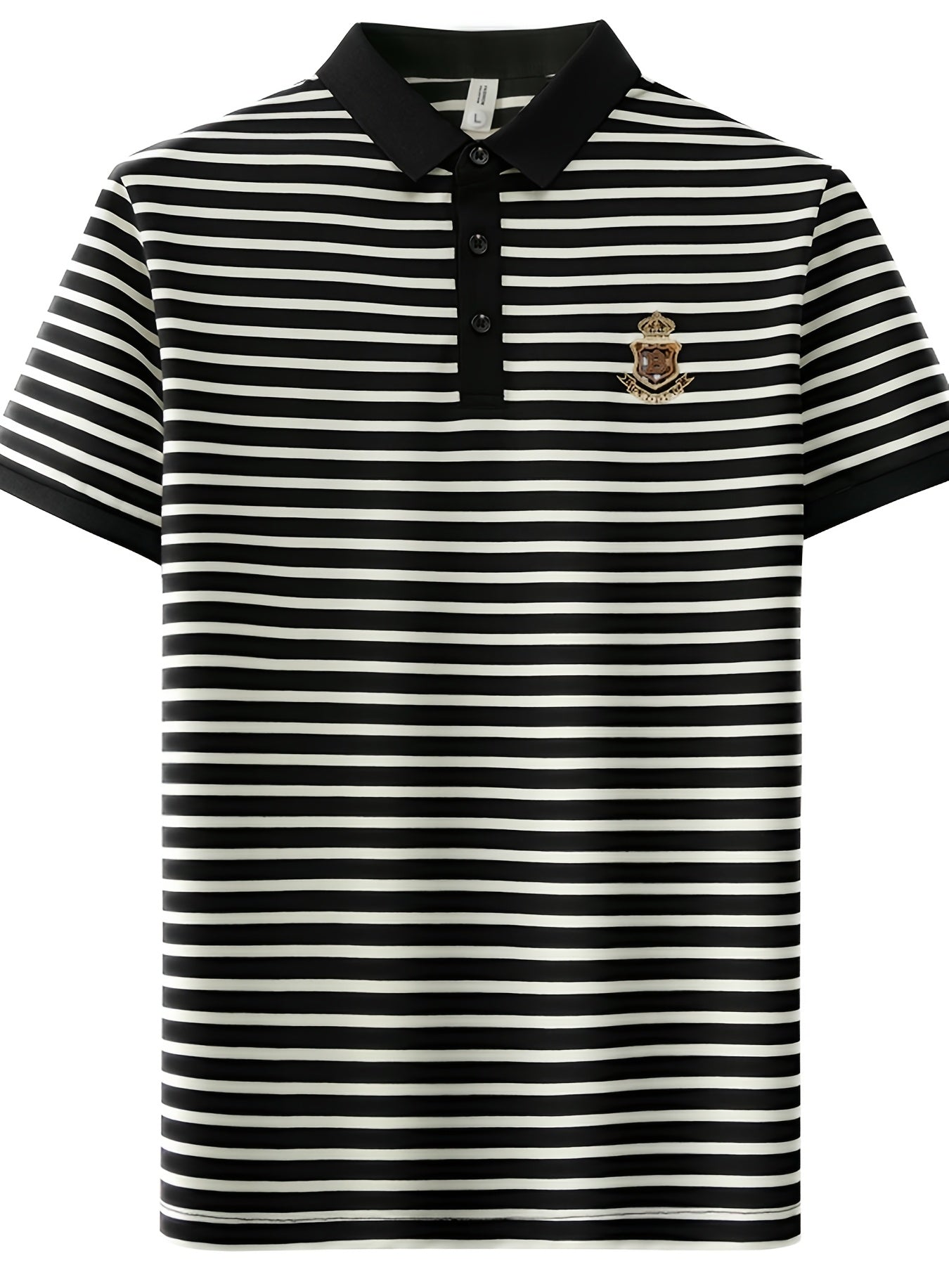 Men's Polo Shirt with Stripe Pattern and Chest Emblem – Classic, Short Sleeve, Smart-Casual for Leisure and Office