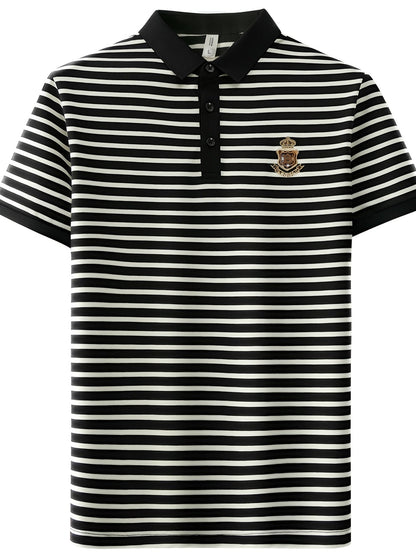 Men's Polo Shirt with Stripe Pattern and Chest Emblem – Classic, Short Sleeve, Smart-Casual for Leisure and Office