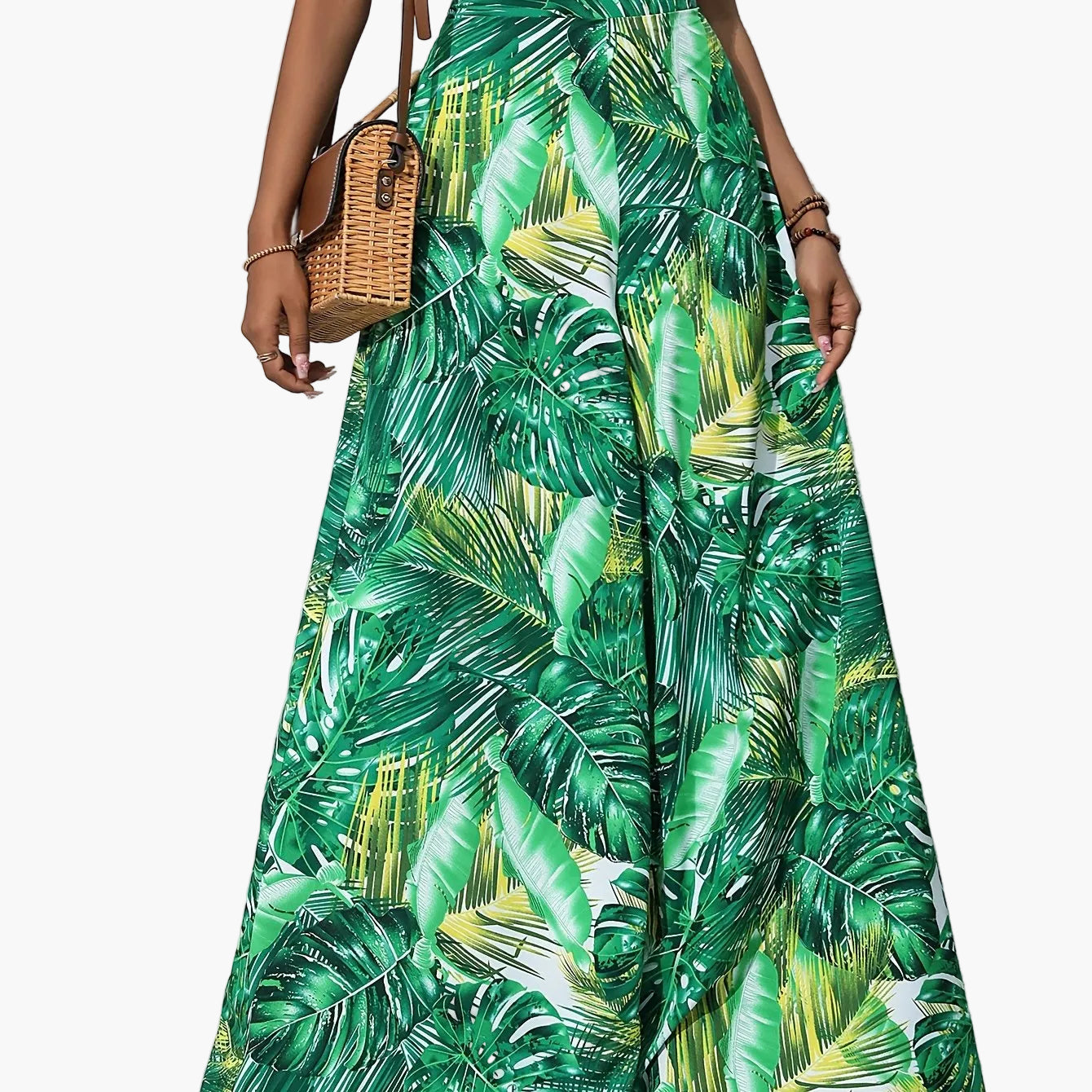 Women's Wide Summer Pants with Tropical Leaf Pattern – Fashionable Palazzo Pants for Beach and Leisure