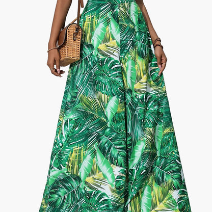 Women's Wide Summer Pants with Tropical Leaf Pattern – Fashionable Palazzo Pants for Beach and Leisure