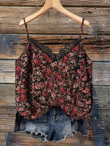Women's summer top with floral pattern and lace trim, casual spaghetti strap tank top